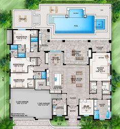 an aerial view of the floor plan for a house with swimming pool and hot tub