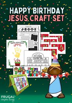 a happy birthday jesus craft set with pictures and confetti on the table in front of it