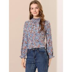 Made of a lightweight fabric, this blouse is cut in a relaxed fit and is perfect for transitioning seasons. Cut to a relaxed, fluid fit, this blouse features a smocked neckline with ruched detailing for a touch of elegance. Pretty floral tops indicate your stylish look. Simple and feminine, the smocked blouse is an easy option for weekdays and weekends. Perfectly pair it with pretty bags and denim pants to complete the fashion look. Casual Long Sleeve Peasant Top With Floral Print, Casual Floral Print Long Sleeve Top For Fall, Casual Long Sleeve Top With Floral Print For Fall, Floral Print Long Sleeve Peasant Top With Relaxed Fit, Casual Long Sleeve Floral Print Blouse, Blue Printed Tops For Work, Printed Blue Tops For Workwear, Trendy Blouse With Blouson Sleeves In Relaxed Fit, Trendy Blouse With Blouson Sleeves And Relaxed Fit