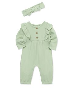 A newborn baby girls' jumpsuit features an Autumn green jumpsuit and a matching headband. 100% Organic Cotton Imported Machine washable cold and tumble dry low Snap closure at legs for easy changing Girls Jumpsuit, Autumn Green, Baby Boy Bibs, Boy Bib, Girls Bib, Pointelle Knit, Green Jumpsuit, Dressy Fashion