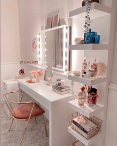 a white desk topped with a mirror and a chair next to a shelf filled with cosmetics