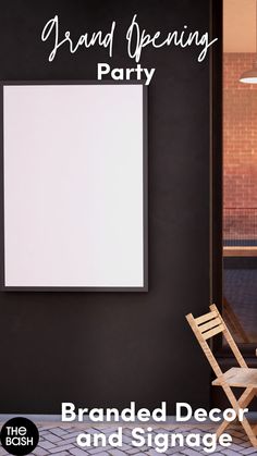 a black and white photo with the words brand opening party written on it next to a wooden folding chair