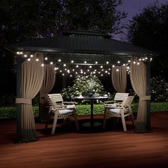 an outdoor gazebo with string lights on it