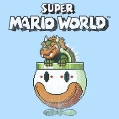 the super mario world logo with an orange and black cat sitting on top of it