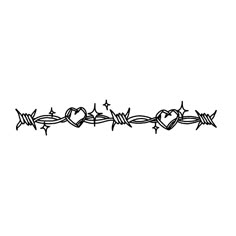 a black and white line drawing of barbed wire with hearts on it's end