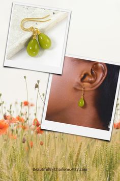 These graceful olive green earrings are the classic style you've been looking for! Earrings feature yellow-green teardrop dangle beads in a simple, minimalist style. The perfect addition to your earring collection! Earrings are 1 1/4 inches (32mm) long with gold plated earring wires. #oliveearrings #olivegreenearrings #olivedangleearrings #olivedropearrings #greenteardropearrings Olive Green Earrings, Modern Green Oval Earrings, Elegant Green Oval Clip-on Earrings, Oval Green Clip-on Earrings, Green Pear-shaped Teardrop Earrings, Olive Earrings, Greek Mythology Jewelry, Silver Bar Necklace, Classy Jewelry