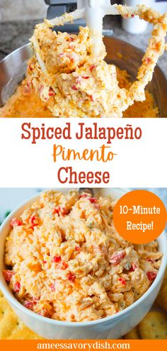 the recipe for spiced jalapeno pineapple cheese is in a bowl