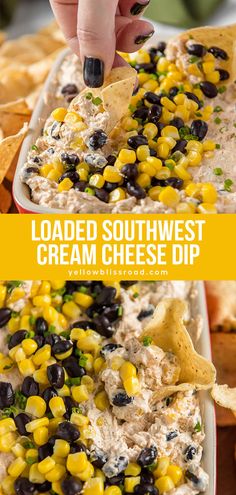 loaded southwest cream cheese dip with black olives and corn