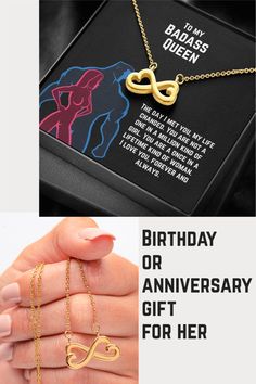 a woman's hand holding a gold necklace with the words birthday or anniversary gift for her