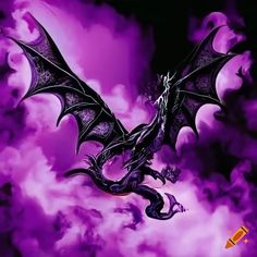 a purple dragon with black wings flying through the air in front of clouds and lightning