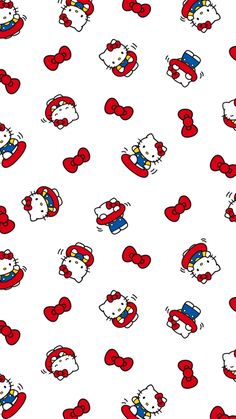 an image of hello kitty wallpaper with hearts and bows on it's head