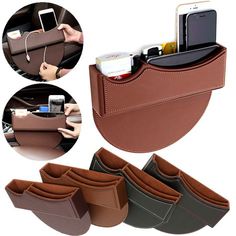 multiple compartments in the back pocket of a car with cell phones and other items inside