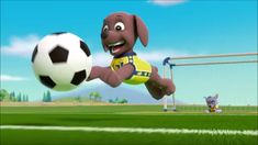 a cartoon dog is playing with a soccer ball