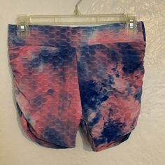 New Emme Jordan Short Shorts In A Colorful Blue And Pink Blend. 95% Polyester 5% Spandex Size M Multicolor Gym Bottoms For Summer, Multicolor High Waist Workout Bottoms, Blue Yoga Bottoms With Built-in Shorts, Casual Multicolor Yoga Shorts, Stretch Summer Gym Bottoms, Multicolor Athleisure Bottoms With Built-in Shorts, Trendy Short Yoga Bottoms, Spring Multicolor Yoga Shorts, Trendy Stretch Blue Shorts