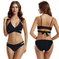 Women’s Black 2-Piece Bikini From Amazon Brand Zeraca In Style “Crisscross Bikini” With Deep V-Neck Top With 3 Closure Options And A Tie Around Back And Bottoms With Sexy Cut Outs - New With Tag Size Xl - Size 16 - 40d Cup Size Vs1 Cup Size, V Neck Tops, Deep V Neck, Cut Outs, Deep V, Criss Cross, Womens Swim, 2 Piece, Size 16