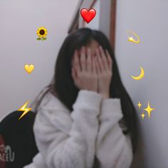 a woman covering her face with both hands and surrounded by stars, hearts, and sunflowers