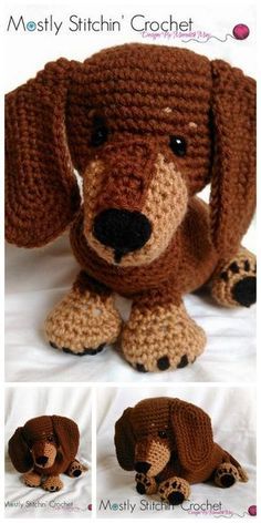 a crocheted stuffed dog is shown in three different pictures, including the front and back