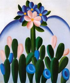 a painting of flowers and cactus in front of a blue sky with white clouds on it