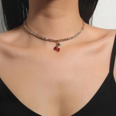 This Unique Piece Is A Wonderful Addition To Your Wardrobe And Your Style; Sure To Get Lots Of Compliments! Gshmjh00m00m6a2-1 Gshmv000q0006ap-1 Trendy Red Jewelry With Rhinestones, Cherry Choker, Tennis Choker Necklace, Cherry Fruit, Womens Jewelry Necklace, Your Style, Unique Pieces, Choker, Choker Necklace