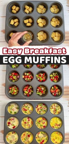 an egg muffin tray with eggs in it and the words easy breakfast egg muffins