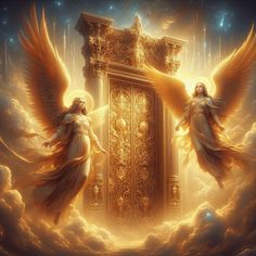 two angels standing in front of a golden door with clouds around them and stars above