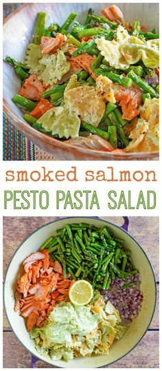 two pictures with different types of food in them and the words smoked salmon pesto pasta