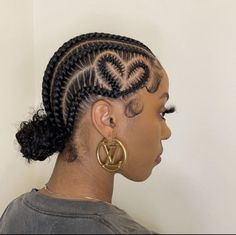 Cornrows Heart Design, Corn Rows With Design, Two Strand Cornrows, Creative Cornrows Design, Braids With Designs For Black Women, Cute Cornrow Ideas, Cornrows Braids For Black Women Bun, Cornrow Bun Hairstyles Black Women, Cornrows With Heart Design