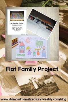 a collage of photos with the words flat family project on it and an image of children's drawings