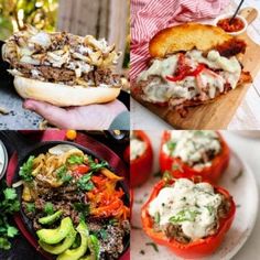 four different pictures of food including burgers and salads