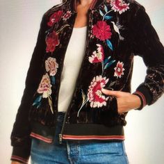 Nwt Johnny Was Junia Velvet Quilted Bomber Xlarge. Winter Workwear Outerwear With Floral Embroidery, Chic Embroidered Fall Outerwear, Velvet Quilt, Embroidery Flowers Pattern, Flowers Pattern, Bomber Jackets, Embroidered Jacket, Denim Coat, Johnny Was