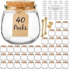 mason jars with labels and spoons are shown in this image, along with the words 40 packs written on each jar