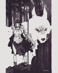 a black and white drawing of a woman holding a spear next to a wolf in the woods