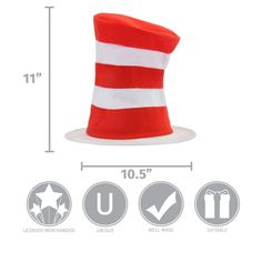 Why fit in when you were born to stand out? Now you can stand out in this Dr. Seuss Cat in the Hat Stovepipe Costume Hat for Kids of all ages! Get ready for some Cat in the Hat inspired fun in this lightweight, over 10 inch tall hat for kids. Red Adjustable Themed Hat, Red Novelty Adjustable Costume Hats And Headpieces, Red Novelty Adjustable Costume Hats, Red Adjustable Novelty Costume Hats And Headpieces, Red Adjustable Novelty Costume Hat, Themed Red Hat One Size Fits Most, Red Adjustable Hat For Birthday, Red Adjustable Fun Costume Hats And Headpieces, Talking Cat