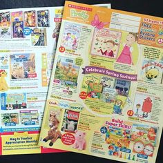 two magazines with children's books on the front and back covers, one is for sale