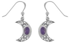 These crescent moon earrings are crafted of the finest .95 Sterling Silver with a highly polished finish. Celtic knotwork and an oval-shaped rich purple Amethyst gemstone adorn each of these beautiful earrings. These earrings dangle from sterling silver hook findings for easy styling. Add these exquisite earrings to your jewelry collection today. Peter Stonecopy; Jewelry Designs are exclusive and protected by Copyright Laws. Metal: .925 Sterling Silver; Finish: High Polish Adorned with genuine A Elegant Purple Crescent Jewelry, Crescent-shaped Purple Jewelry For Gifts, Purple Crescent Moon Phase Jewelry, Crescent Moon Charm Amethyst Jewelry, Handmade Purple Moon-shaped Jewelry, Purple Crescent Moon Charm Jewelry, Purple Moon Shaped Spiritual Jewelry, Spiritual Amethyst Purple Earrings, Spiritual Purple Moon-shaped Jewelry