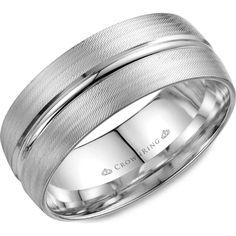 CrownRing Men's Wedding Band - Diagonal Textured Finish with Polished Groove and Edges in 14K White Gold - 8mm Width from the Carved Collection Carved Wedding Ring, Mens Wedding Bands White Gold, Comfort Fit Wedding Band, White Gold Wedding Band, Trending Engagement Rings, Stackable Wedding Bands, Rings Mens Wedding Bands, Classic Wedding Band, Engagement Rings Bridal Sets