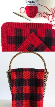 a red and black plaid purse next to some yarn