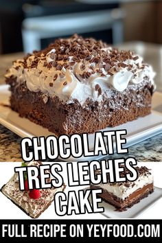 chocolate tres leches cake with whipped cream on top