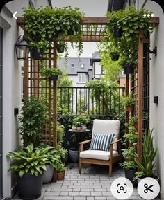 an outdoor patio with potted plants and a chair