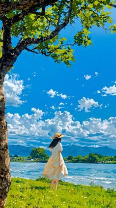 a painting of a woman in a dress and hat walking by a tree near the water