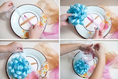 the process of making a paper plate with blue ribbon and flowers on it is shown