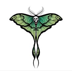 a green butterfly with black wings and a skull on it's back, flying through the air