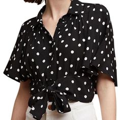 Anthropologie Black/White Polka Dot Blouse With Black Buttons, A Small Hook Closure At The Bottom, And Built-In Tie At The Front. Semi-Cropped Look. Kimono Sleeves. Never Worn As It Was Too Small For Me - No Tags Attached. 100% Viscose. Shoulder To Bottom Is 17." The Band At The Bottom Is About 15" And No Stretch. Look Kimono, Dots Outfit, Polka Dots Outfit, Semi Cropped, Cropped Blouse, Kimono Sleeves, Polka Dot Blouse, Kimono Sleeve, Crop Blouse