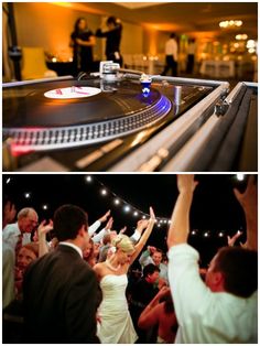 two pictures of people dancing and djs at a wedding