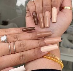 Multicolor Brown Nails, Light To Dark Nails Shades, Fall Nails Different Colors, Dark To Light Nails, Brown Tone Nails, Single Colour Nails, Brown Neutral Nails, Lavender Chrome, Cinnamon Nails