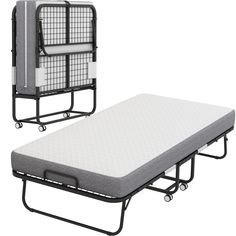 a bed frame with a mattress on it and another one attached to the backboard