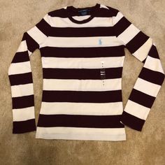 Burgundy And Cream Colored Stripes Never Worn Size S Red Fitted Ralph Lauren Tops, Fitted Red Ralph Lauren Tops, Ralph Lauren Red Crew Neck Top, Ralph Lauren Fitted Striped Top, Fitted Striped Ralph Lauren Top, Ralph Lauren Striped Long Sleeve Tops, Ralph Lauren White Winter Top, White Ralph Lauren Tops For Winter, Winter White Ralph Lauren Tops