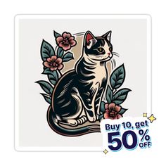 a black and white cat sitting on top of a flowery branch with the words buy 10 get 50 % off