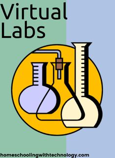 the words virtual labs on top of a blue and yellow background with beaks, test tubes