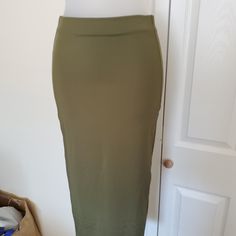 Bodycon Midi Pencil Skirt Double Lined New Never Used Size Xs Color Olive Oil Fitted Green Pencil Maxi Skirt, Fitted Green Elastane Skirt, Green Stretch Pencil Skirt, Stretch Green Pencil Skirt, Green High Waist Stretch Pencil Skirt, Green Fitted Casual Pencil Skirt, Green Stretch Midi Pencil Skirt, Plus Size Pencil Skirt, Black Wrap Skirt